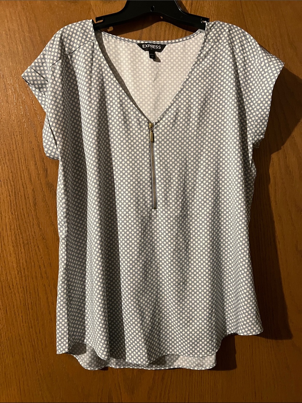 Express Light Gray Polka Dot Zip V-Neck Blouse